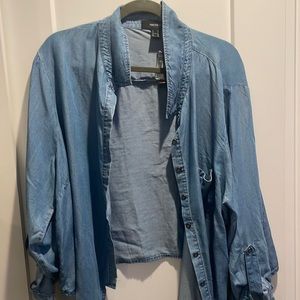 Forever 21, thin jean style buttoned shirt. Ties in the front